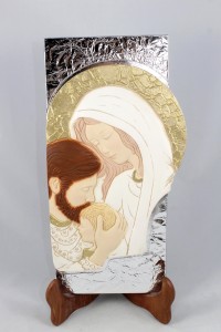 Quadro in pietra Madonna con bambino con sfondo argentato 20x40